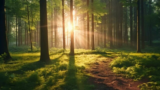 Beautiful forest with bright sun shining through the trees. Scenic forest of trees framed by leaves, with the sunrise casting its warm rays through the foliage.