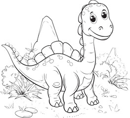 Coloring Pages Cute Tyrannosaurus Dinosaur of meadows, trees, mountains and clouds. Printable Coloring book Outline black and white.