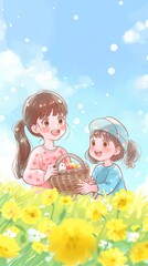 Two young girls standing in a field holding a basket filled with flowers