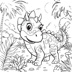 Coloring Pages Cute Tyrannosaurus Dinosaur of meadows, trees, mountains and clouds. Printable Coloring book Outline black and white.