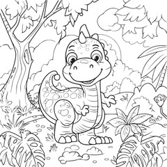 Coloring Pages Cute Tyrannosaurus Dinosaur of meadows, trees, mountains and clouds. Printable Coloring book Outline black and white.