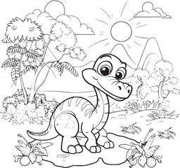 Coloring Pages Cute Tyrannosaurus Dinosaur of meadows, trees, mountains and clouds. Printable Coloring book Outline black and white.