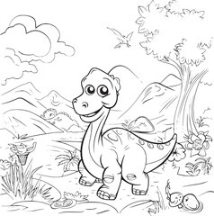 Coloring Pages Cute Tyrannosaurus Dinosaur of meadows, trees, mountains and clouds. Printable Coloring book Outline black and white.