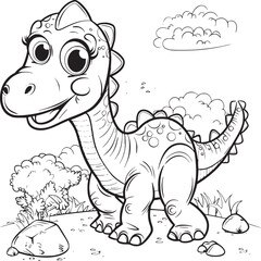 Coloring Pages Cute Tyrannosaurus Dinosaur of meadows, trees, mountains and clouds. Printable Coloring book Outline black and white.