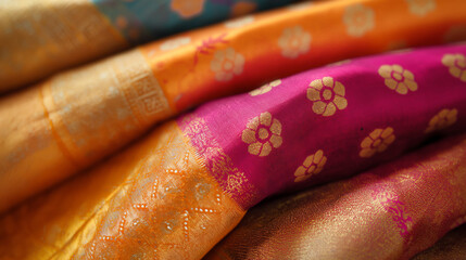 Close-up of colorful silk fabric with floral pattern, traditional Indian clothing