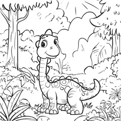 Coloring Pages Cute Tyrannosaurus Dinosaur of meadows, trees, mountains and clouds. Printable Coloring book Outline black and white.