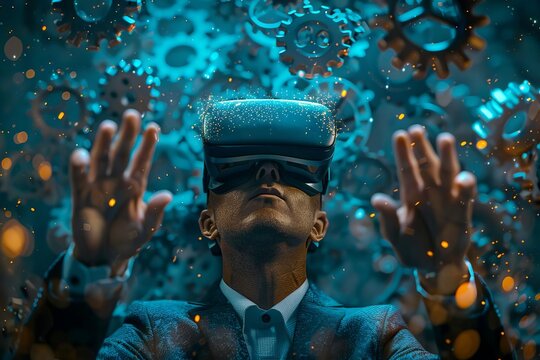 An executive surrounded by floating gears, each representing different business functions, in a hightech virtual reality setting
