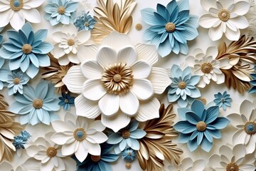 a blue and white floral design with a gold flower.