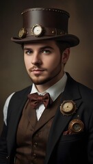 A man with a steampunk suit and steampunk hat