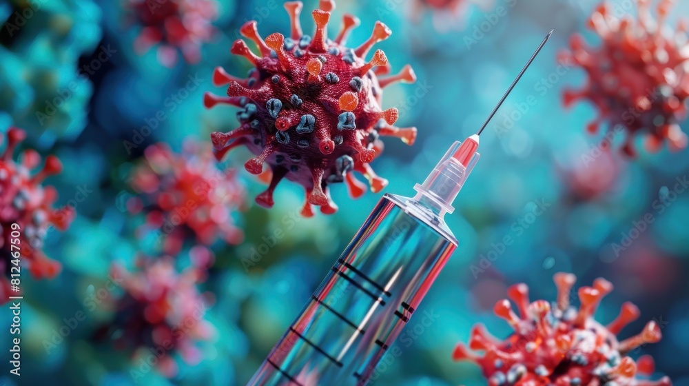 Wall mural Scientist in laboratory holds syringe with liquid vaccine.