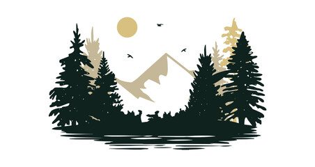 woodland landscape with mountains and lake vector silhouette. mountain landscape with fir trees and water vector logo