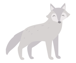Cute wolf in flat design. Adorable happy forest predator with grey fur. Vector illustration isolated.