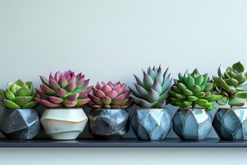 A cluster of succulents in geometric pots on a sleek black shelf against a white backdrop