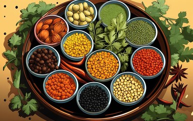 Coriander flat design top view spice market theme cartoon drawing Complementary Color Scheme