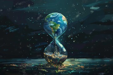 An illustration of Earth in an hourglass, but instead of sand, it s filled with microplastics trickling down