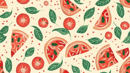 A colorful and artistic design of pizza slices and vegetables