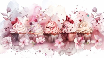 Row of pink cupcakes with raspberries on top. The image has a sweet and colorful mood, and it seems to be a dessert display or a bakery advertisement. Watercolor painting style.