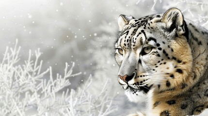 Fototapeta premium The fierce beauty of a snow leopards face, captured up close against the backdrop of the Himalayan mountains covered in snow The winter scene offers a serene setting, with plenty of copy space for tex