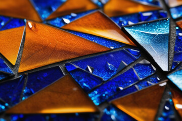 abstract sparkling orange and dark blue broken glass mosaic art. generative ai