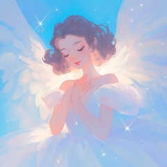Girl with angel wings on a background of blue sky, watercolor, in cartoon style