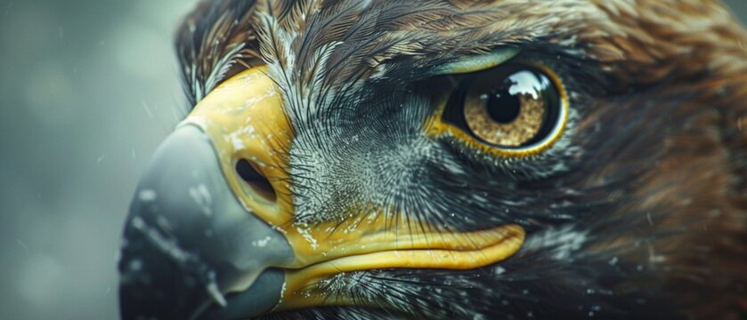 The intense gaze of an eagles eye, captured in stunning detail, against the backdrop of a cloudy sky, symbolizing strength and keen vision