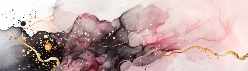 ink and gold swirl with a gold and pink background. The painting has a dreamy, ethereal quality to it. Watercolor painting style.