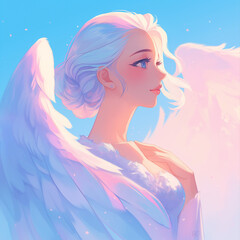 Girl with angel wings on a background of blue sky, watercolor, in cartoon style