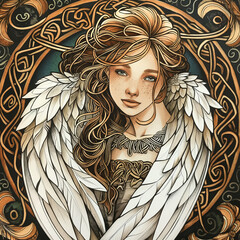 illustration, a girl with swan wings, done with alcohol markers in the style of a Celtic knot pattern.