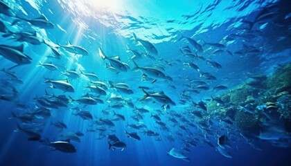 Groups of giant Tuna fish in the underwater, coral reef, amazing underwater life, various fish and exotic coral reefs, ocean wild creatures background