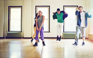 Hiphop, class and group dancer together, talent and performance and movement art practice for...