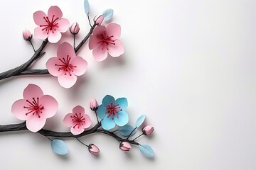 Illustrate a charming 3D scene with pink and blue flowers in soft pastel hues, creating a peaceful and harmonious atmosphere