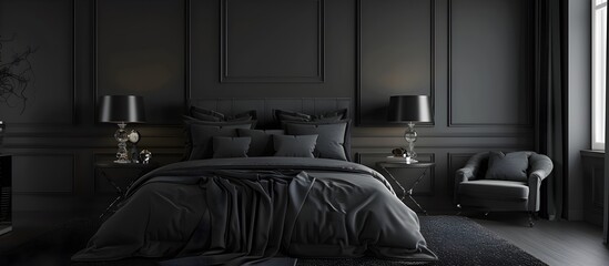 Black bedroom interior design with dark gray walls, bed and vintage lamps