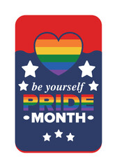 LGBT Pride Month in June. Lesbian Gay Bisexual Transgender. Celebrated annual. LGBT flag. Rainbow love concept. Human rights and tolerance. Poster, card, banner and background. Vector illustration