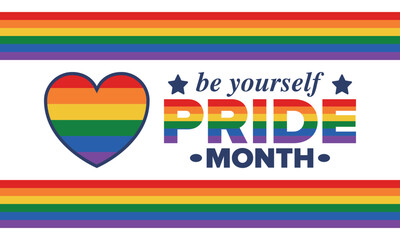 LGBT Pride Month in June. Lesbian Gay Bisexual Transgender. Celebrated annual. LGBT flag. Rainbow love concept. Human rights and tolerance. Poster, card, banner and background. Vector illustration