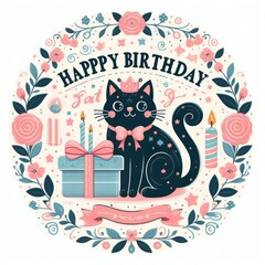 Fototapeta premium A cat with a crown and a gift and flowers around it realistic photo lively has illustrative meaning illustrator.