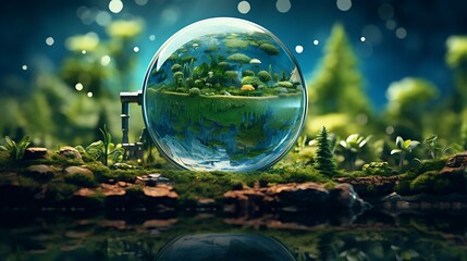 A digital painting of Earth with a magnifying glass focusing on environmental issues for Earth Day.
