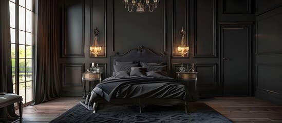 Black bedroom interior design with dark gray walls, modern bed and vintage furniture
