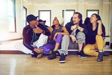 Dance group, fun and hip hop in studio for break, mirror and sit for relax from exercise or sports....