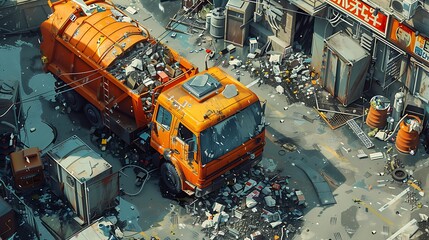 A large orange garbage truck sits in a pile of trash
