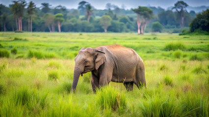 Young wild elephant grazing in the middle of the grassland, Thailand