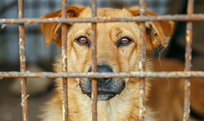 A lonely homeless dog in an animal shelter cage is full of sadness and homesickness. His sad look evokes compassion and a desire to help him find a new, loving home.