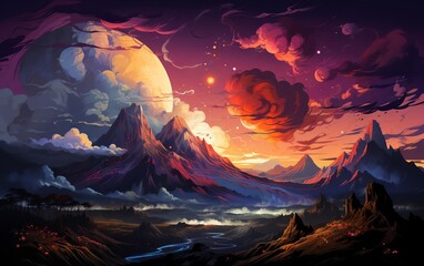 Volcano flat design top view planet exploration theme cartoon drawing vivid
