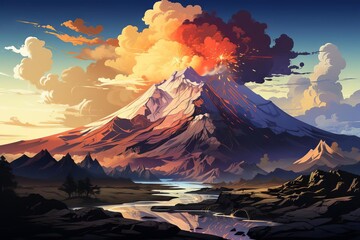 Volcano flat design top view ancient civilization theme cartoon drawing Triadic Color Scheme
