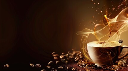 A cup of fragrant coffee is on the table. Coffee beans are scattered around. Morning drink, cozy atmosphere.