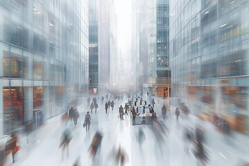 A blurred crowd of business people in the streets of the business district of the city against the backdrop of skyscrapers.