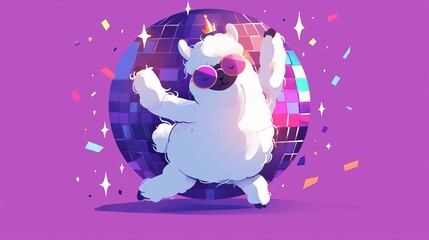 Naklejka premium Whimsical illustration of an alpaca dressed as a dancing queen, wearing a sparkling disco outfit, dancing joyfully under a disco ball