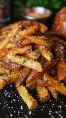Fast food staple, French fries, served on a wooden cutting board