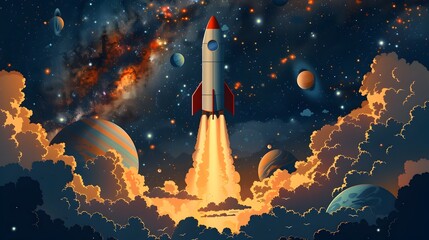 Naklejka premium Powerful Rocket Launching into the Vast Cosmic Expanse of a Stellar Galaxy
