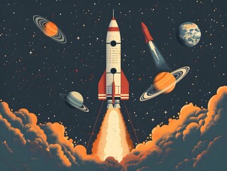 Futuristic Rocket Launching into Vibrant Cosmic Landscape