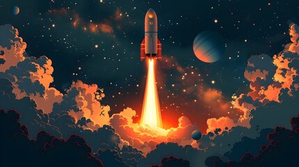 Majestic Rocket Ignition Amid Cosmic Galaxy Landscape